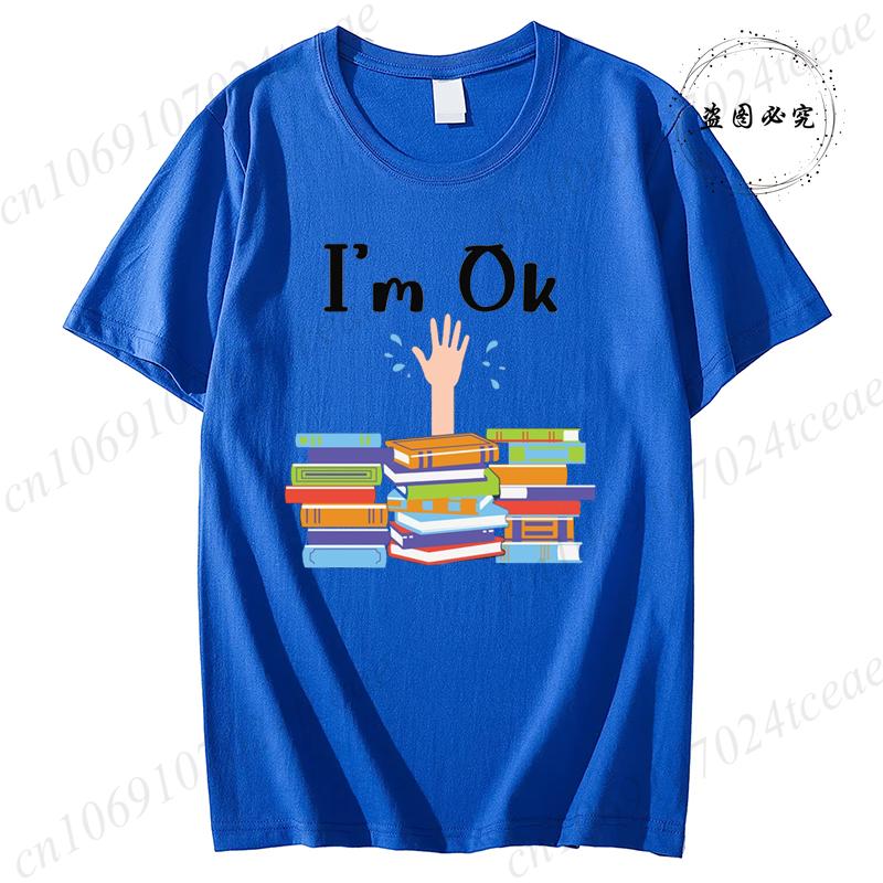 Unisex Funny Book Print Tshirt Girl Short Sleeve Crew Neck Casual Top for Summer Spring Im Ok Bookish Reading Unisex Clothing