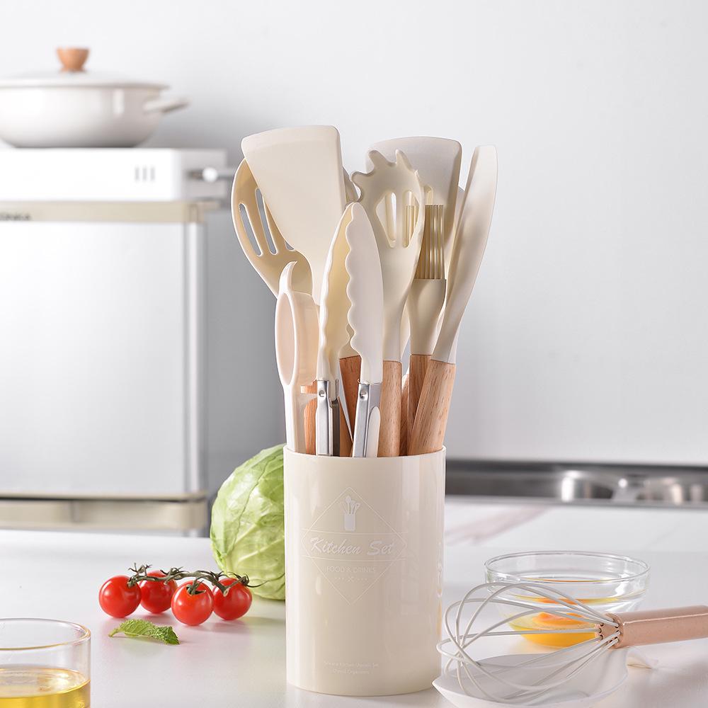 Набор из 12 кухонных принадлежностей из силикона с деревянными ручками - антипригарные, термостойкие лопатки и ложки для супа