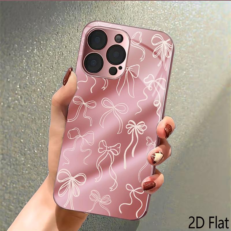 Розовый атласный бант 2D Плоский Для iPhone17 18 16 15 14 13 12 11 Pro Max XS XR 8 7Plus Чехол для телефона Ударопрочный Защитная задняя крышка