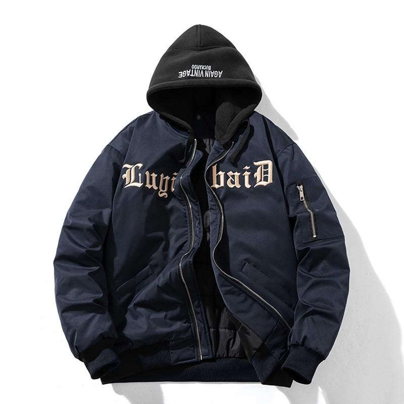 Mens Winter Embroidered Baseball Jacket Casual Loose Fit Hoodless Bomber Style Outerwear Daily Wear