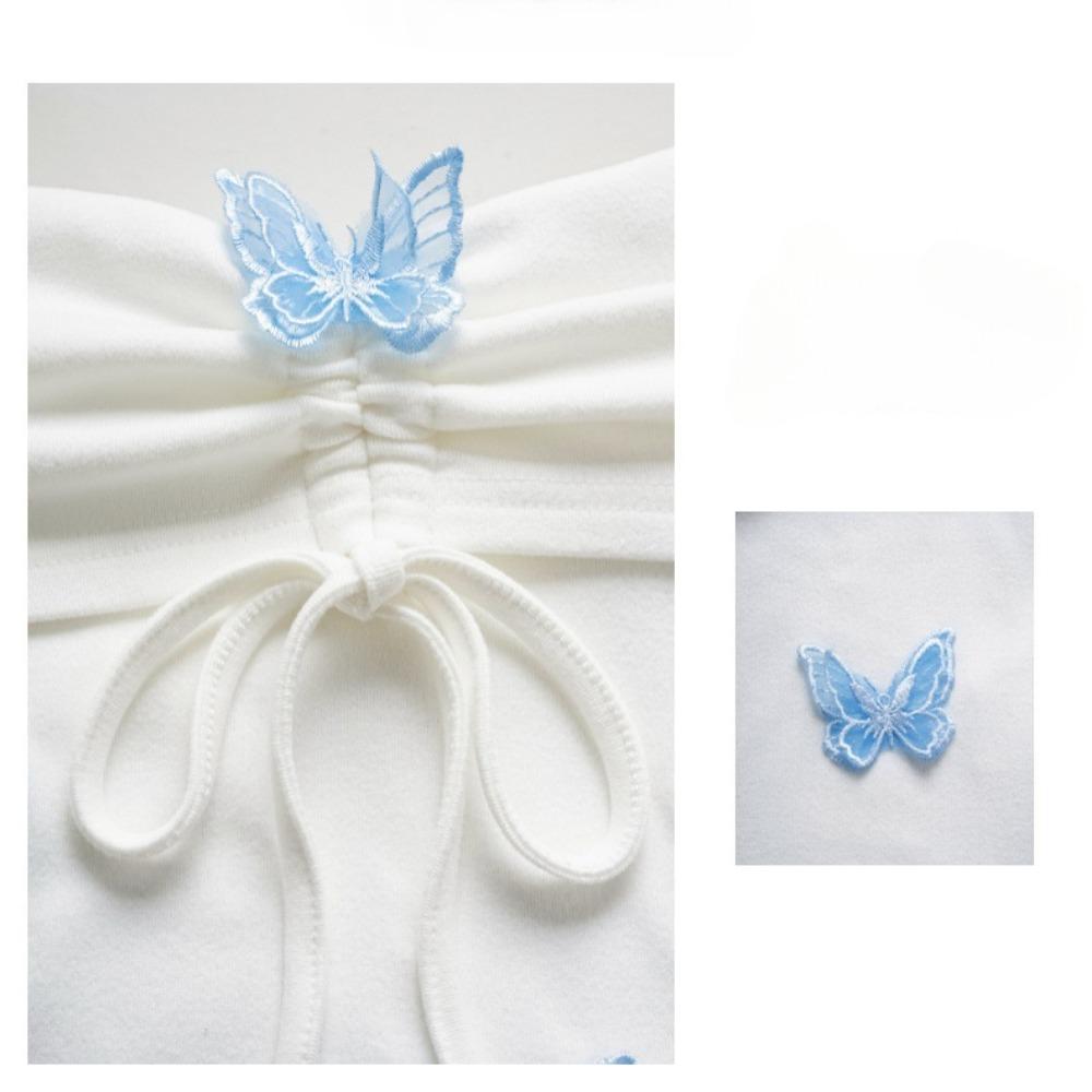 Летняя женская белая футболка с открытыми плечами и расклешенными рукавами, симпатичный женский топ с длинными рукавами и синей бабочкой