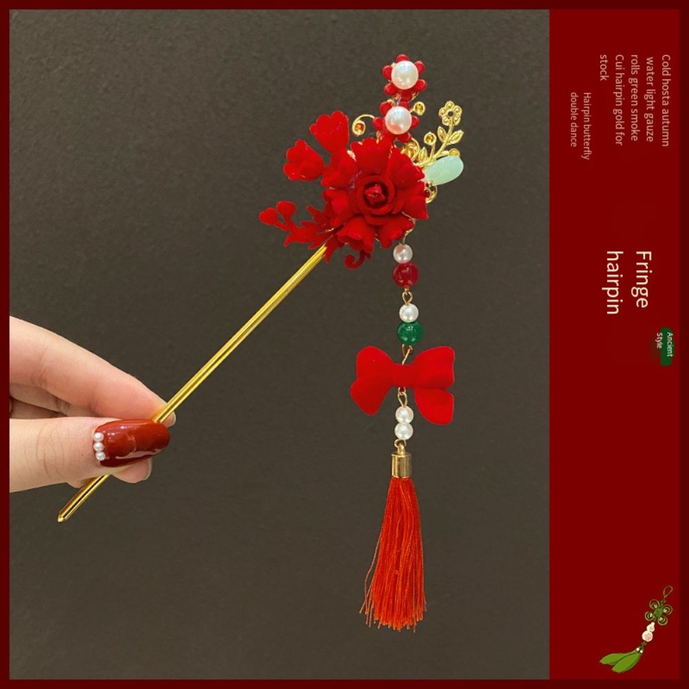 Красный цветок кулон палочка для волос винтажная шпилька ханьфу украшения для волос китайский головной убор подарок