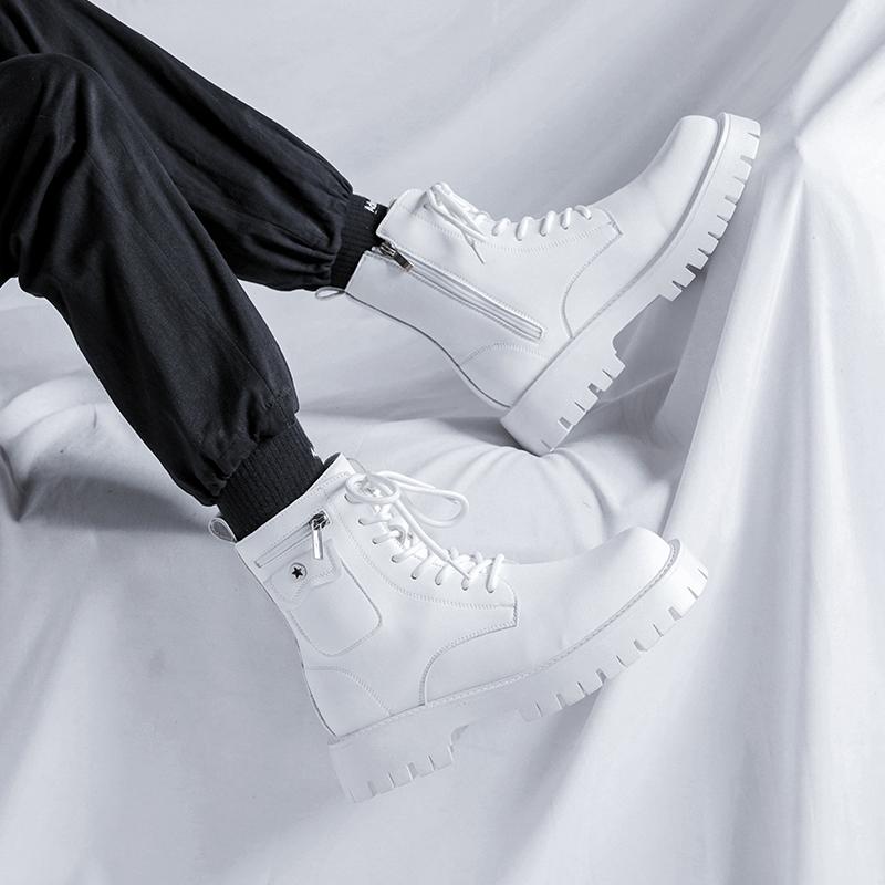 Модные новые мужские повседневные мотоциклетные ботинки на шнуровке, кожаные мужские модные высокие прогулочные ботинки, универсальные нескользящие уличные ботинки