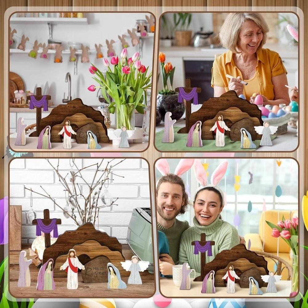 9 шт. Деревянная Рождественская композиция в деревенском стиле, Пасхальный, Ручная работа, Реалистичный Христианский Декор, Реалистичный Декоративный Могила Иисуса