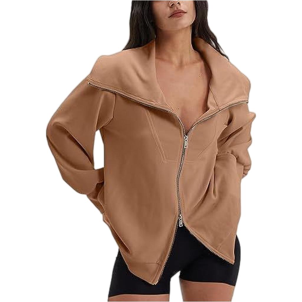 Women's Comfortable Casual And Fashionable V-neck Long Sleeved Solid Color Double Zipper Sports Shirt Jacket