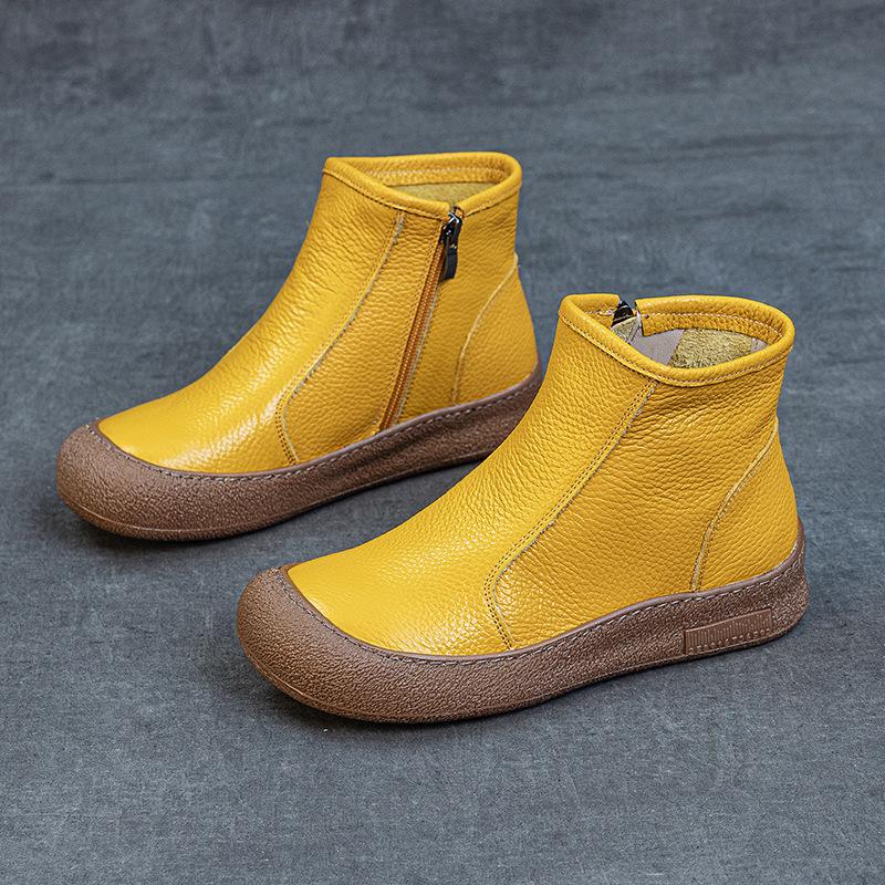Женские кожаные полусапоги из коровьей кожи первого слоя на плоской подошве, удобные, с боковой молнией, с круглым носком, новые, с короткой шерстью, теплые