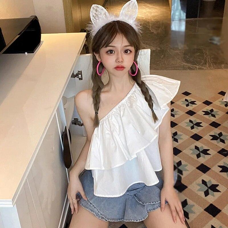 Women's One Shoulder Blouse Ruffled Layered Sleeveless Top Tee Off Shoulder Blouse Pullover T-Shirt Cropped Shirt Solid Color