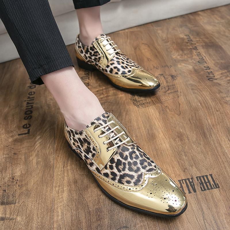 Fashion Pointed Toe Leopard Print Mens Leather Shoes Brogue Shoes Men Business Lace-up Oxford Prom Evening Dresses Chelsea Leather Shoes