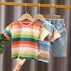 Boys' 2-Piece Cotton Set - Summer Rainbow Stripe Pattern T-shirt+ Shorts High - Quality Casual Outfit - 6M-5Y