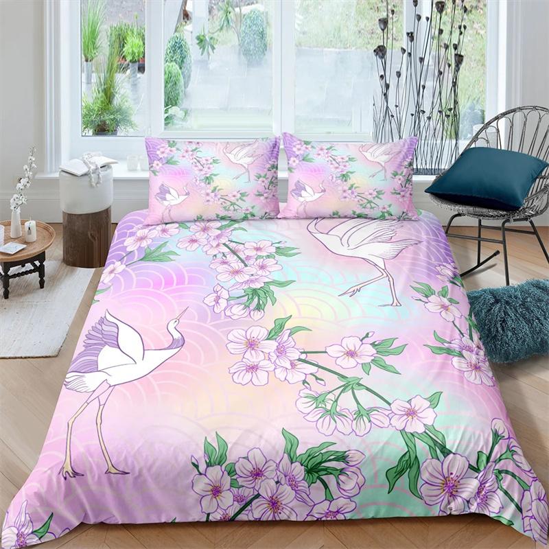 Пододеяльник с японским журавлем King Queen Size Wave Flower Ukiyo-e Style Комплект постельного белья Восточная культура 2/3 шт. Полиэстеровый пододеяльник