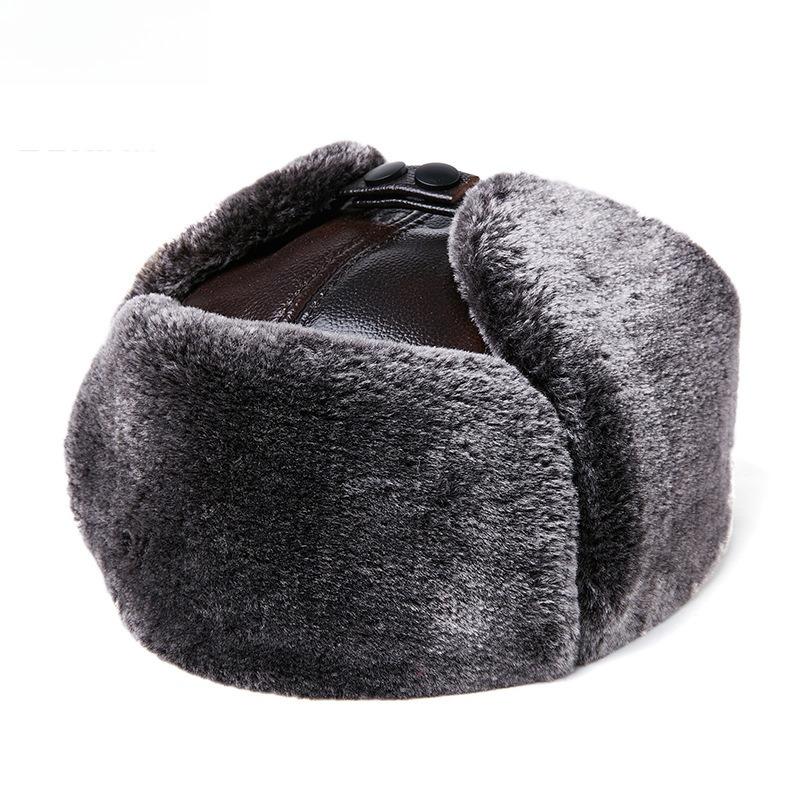 Men's Genuine Leather Ushanka Hat Russian Trapper Hat Winter Warm Thickened Bomber Cap Trooper Hat with Ear Flaps