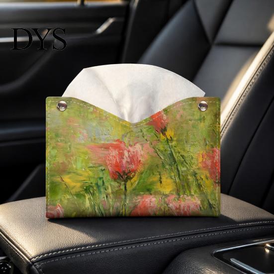 Foldable Napkin Storage Leather Tissue Box Cover with Oil Painting Pattern, Desktop Organizer, Holder Multi Purpose Case, Facial Paper Organizer