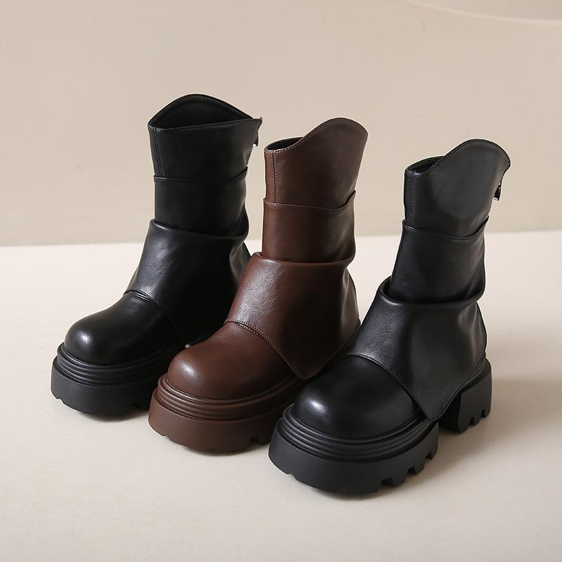 Women Fashion Mid Calf Thick Boots Splicing Pleated Designer Winter 2025 Trend Vintage Women Shoes Leather Punk Modern Boots