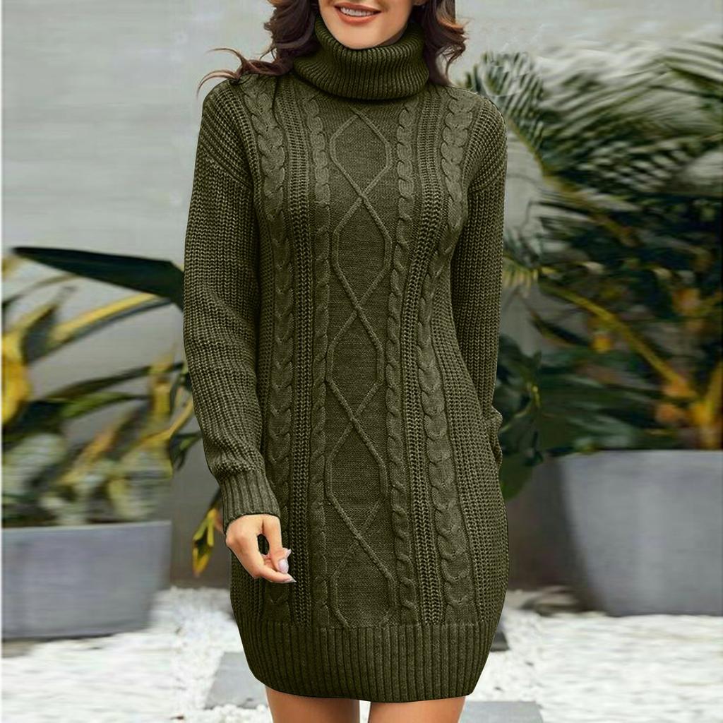 Solid Colour Long High Neck Sweater Dress Slim Versatile Knitted Dress Women's Models