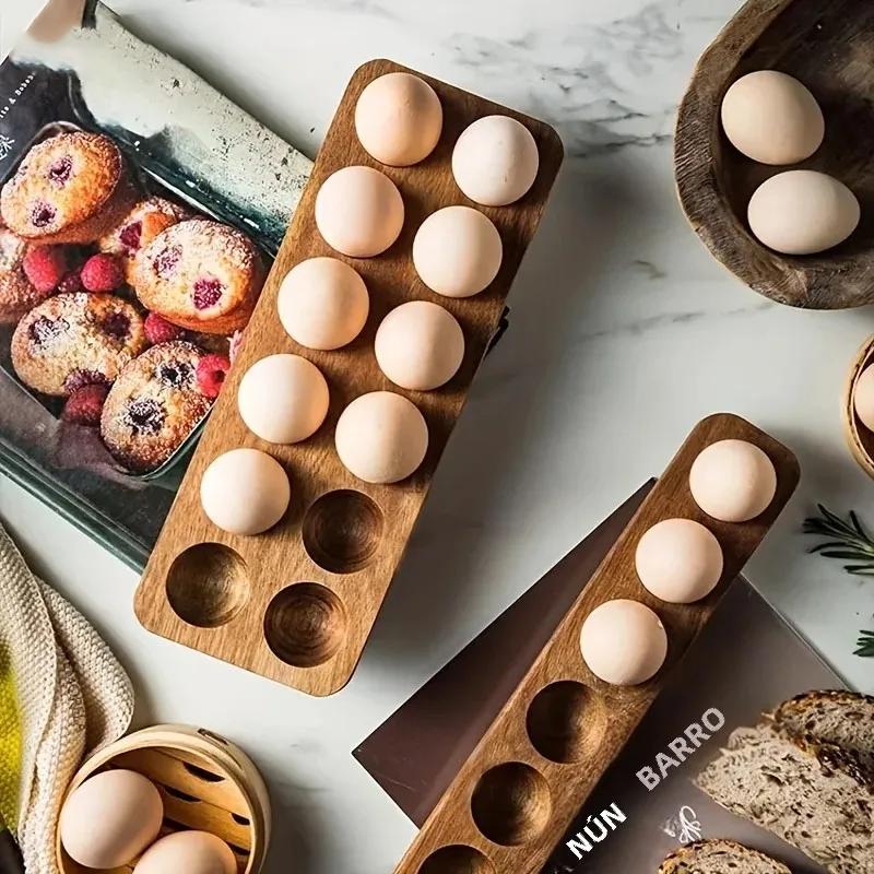1 modern wooden egg storage box, kitchen organizer with multiple compartments for fresh eggs, perfect for home cooking