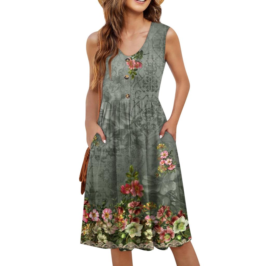 Женское повседневное модное сексуальное платье с v-образным вырезом и пуговицами без рукавов с цветочным принтом