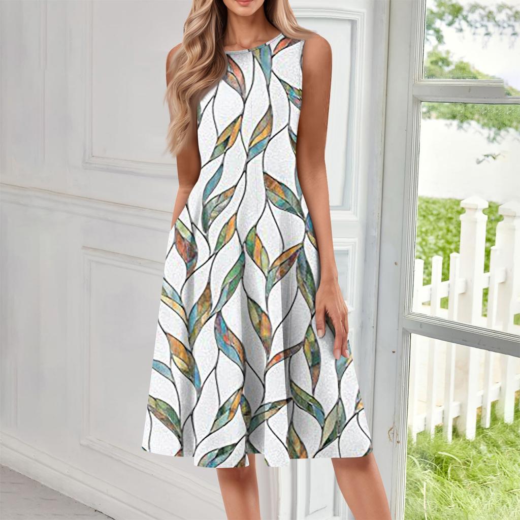 Женское повседневное и модное платье средней длины с круглым вырезом без рукавов и принтом