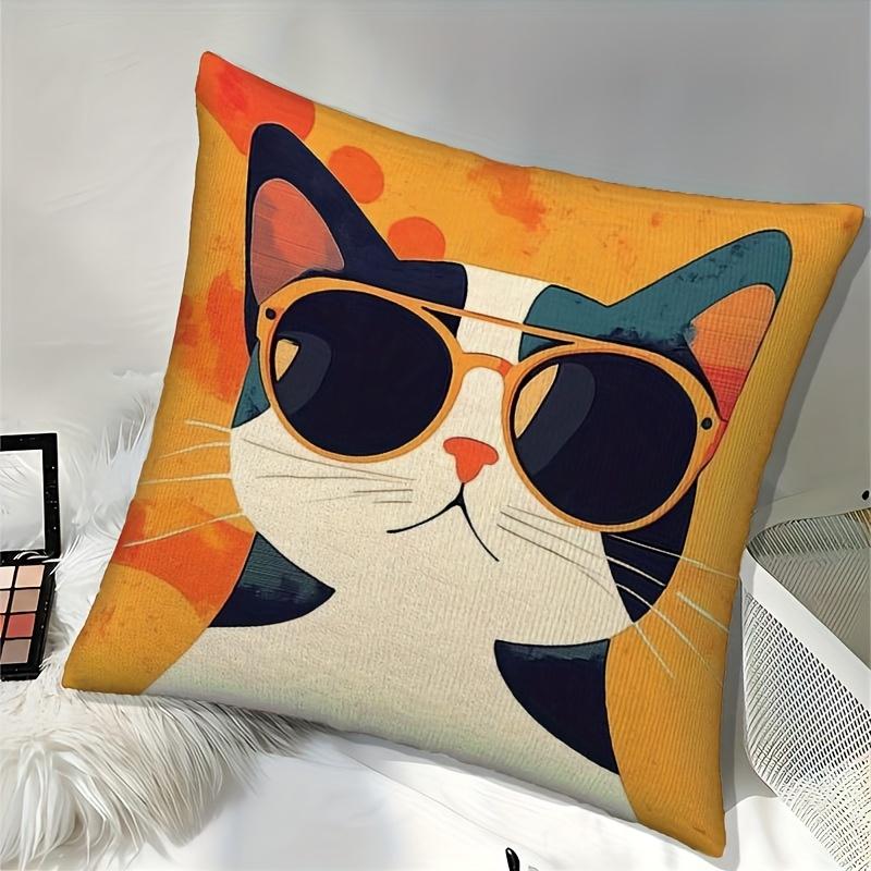 Cool Cat With Sunglasses Throw Pillow Cover Retro Orange Abstract Decorative Pillow Case For Cat Lovers