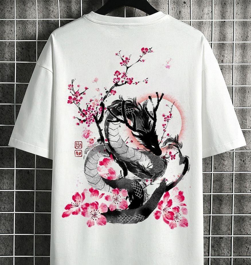 White Oversized T-Shirt Ink Wash Chinese Dragon Cherry Blossom Back Print Orient