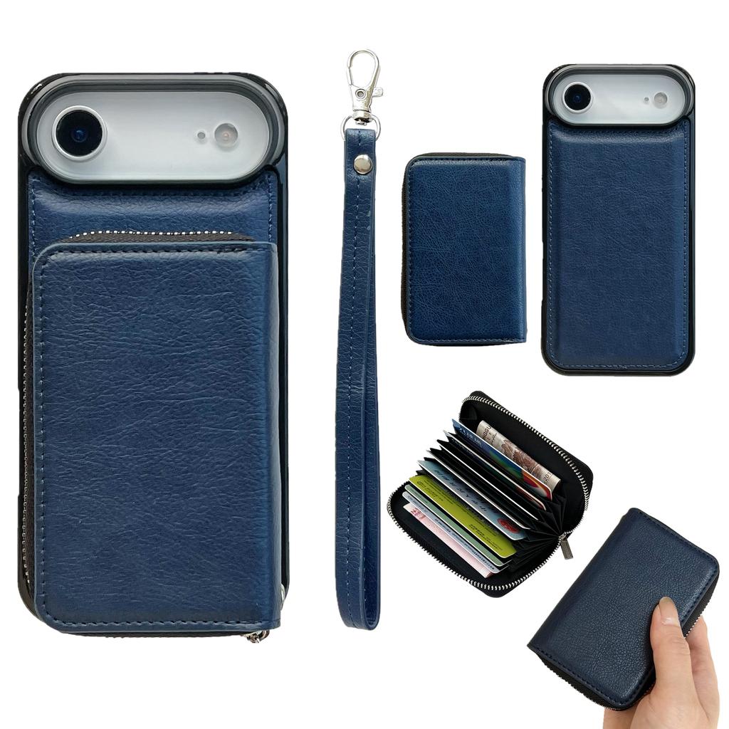 For iPhone Air Case Detachable Zipper Card Bag PU TPU Kickstand Phone Case with Strap