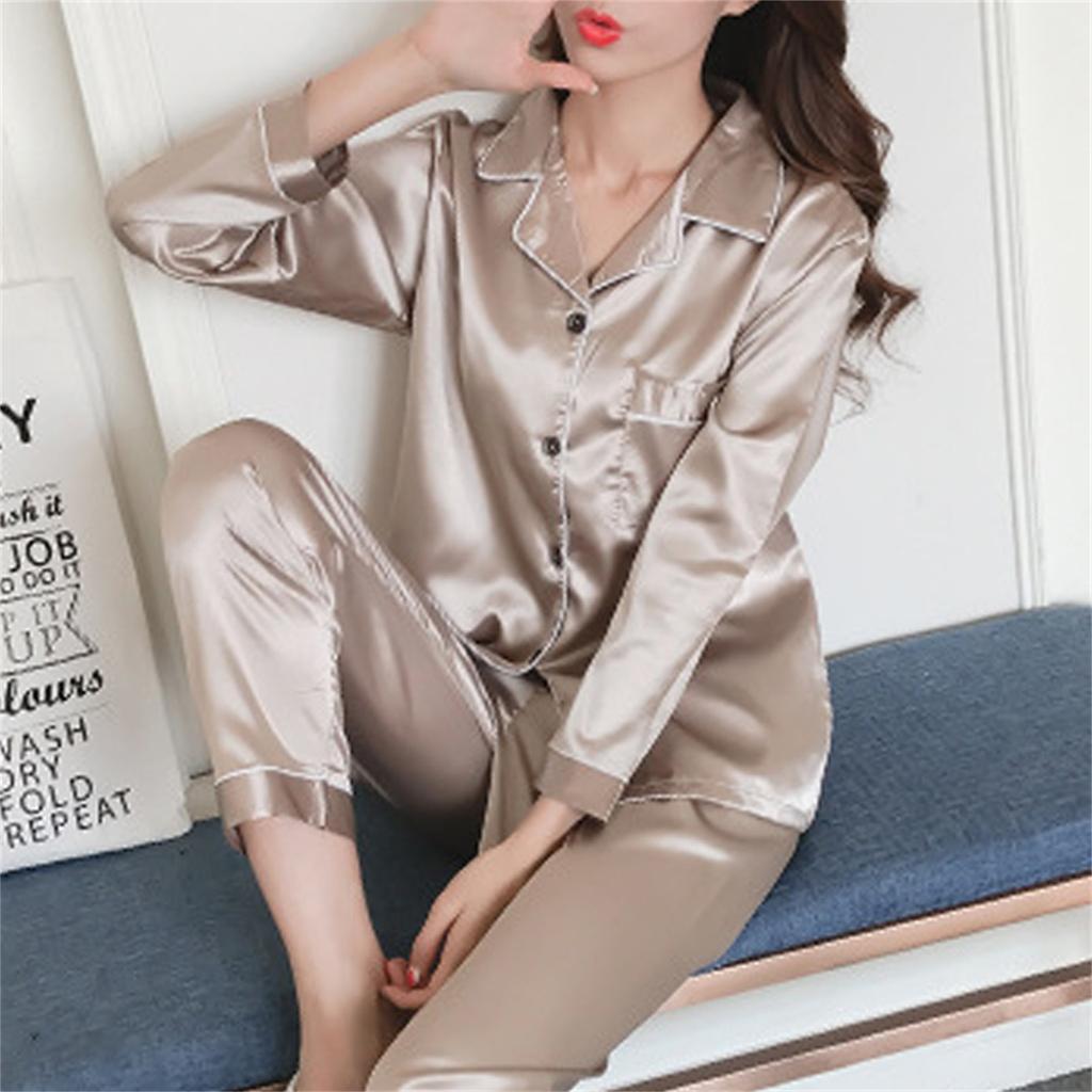 Пижамы женские шелковистые атласные пижамы комплект с длинным рукавом ночная одежда домашняя одежда