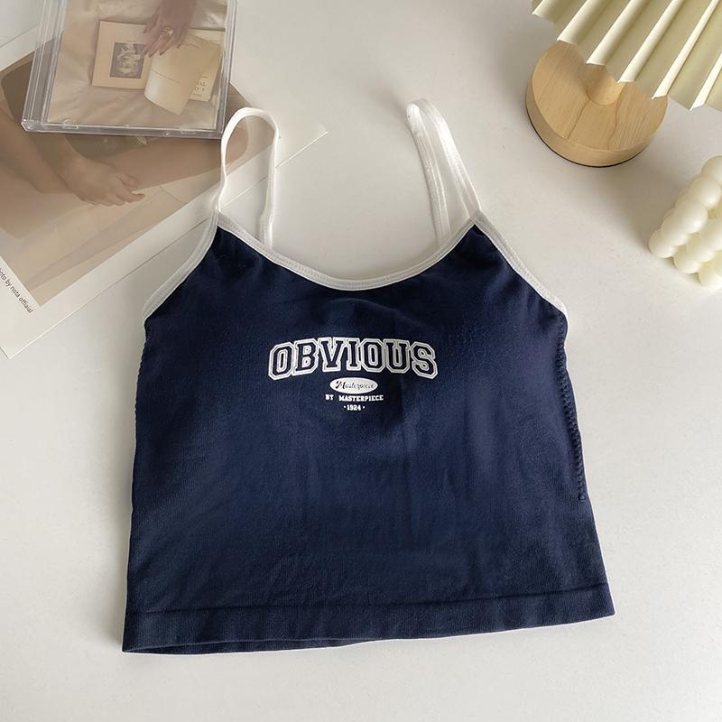 Women With Padded Bra Crop Tops O-neck Solid Crop Tops 2025 Summer Letter Printing Tops Spaghetti Camisole