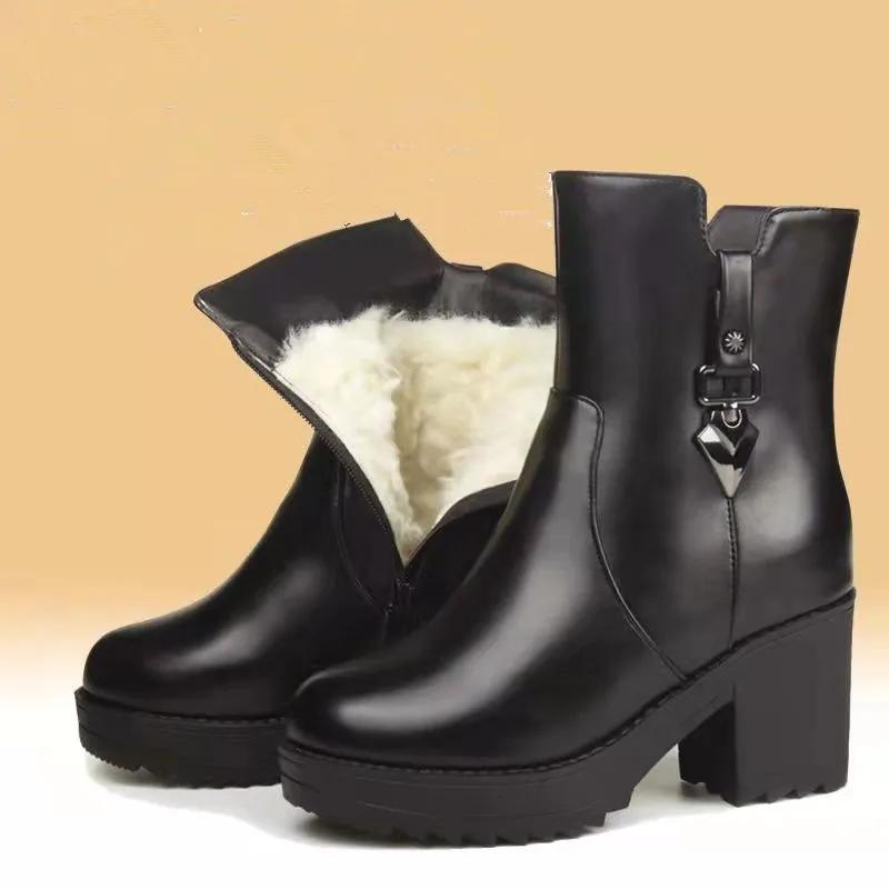 Casual Chunky Heel Cotton Shoes Women's Warm Non-slip Mother Shoes Mid-calf Thick Bottom Winter Boots 2024 New Botas Mujer
