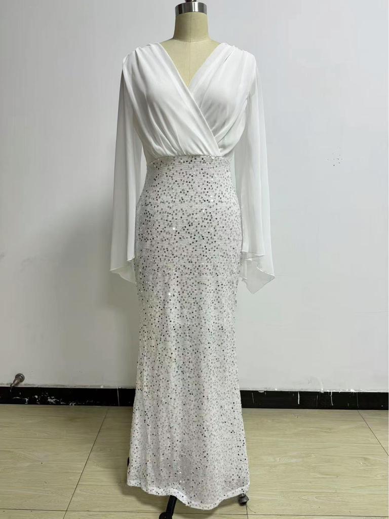 «2025 Элегантное вечернее платье из шифона с V-образным вырезом и пайетками»