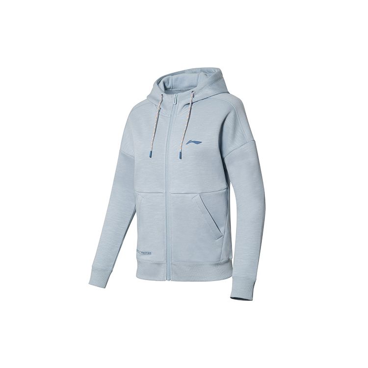 Li Ning Fitness Series Casual Fleece Loose Hooded Cardigan Sweatshirt Jacket Women Outerwear Mist-Blue AWDR884-3
