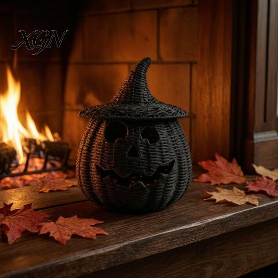 Seasonal Home Display Handwoven Pumpkin Basket with Witch Hat Lid, Rustic Wicker Trick Gothic Table Centerpiece or Treat Bucket for Indoor Outdoor