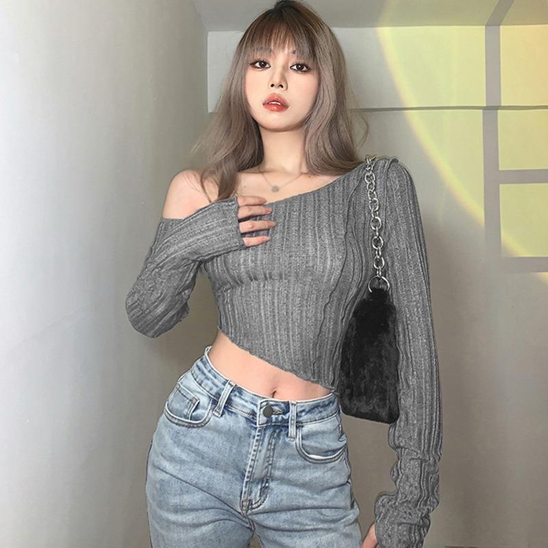 Женская футболка с отделкой на одно плечо, приталенная рубашка с длинным рукавом