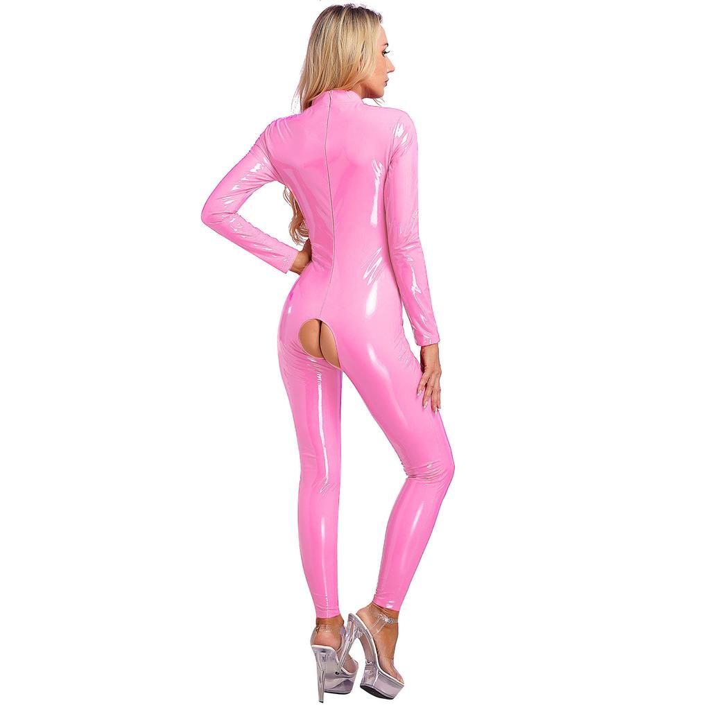 Женский сексуальный ажурный боди, клубная одежда, комбинезон из лакированной кожи всего тела, комбинезон на молнии