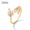 ZAKOL Simple Cubic Zirconia Leaf Open Rings for Women Flower Gold Color Adjustable Ring Fashion Women Accessories Jewelry