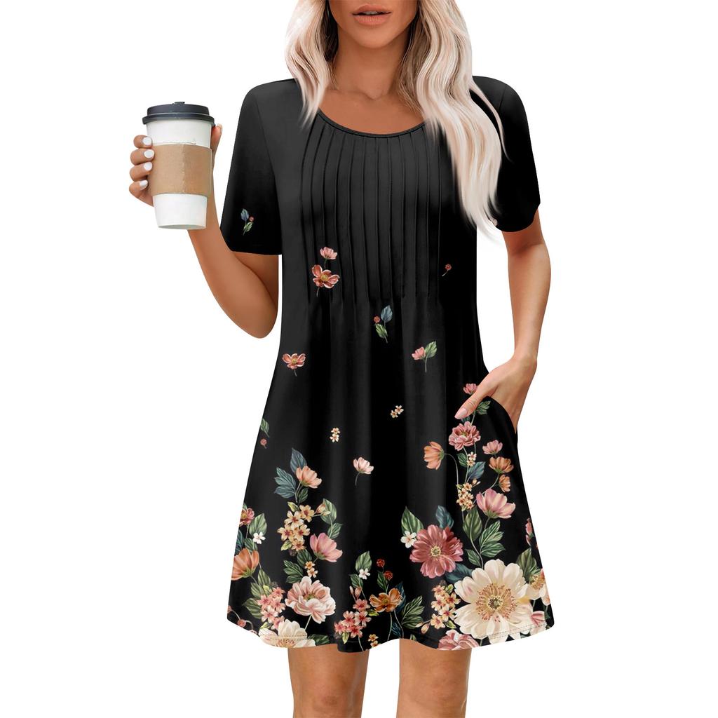 Women's Summer Dress Loose Beach Vacation Casual Round Neck Short Sleeve Sundress With Pocket Short Sleeve Shirt Dress