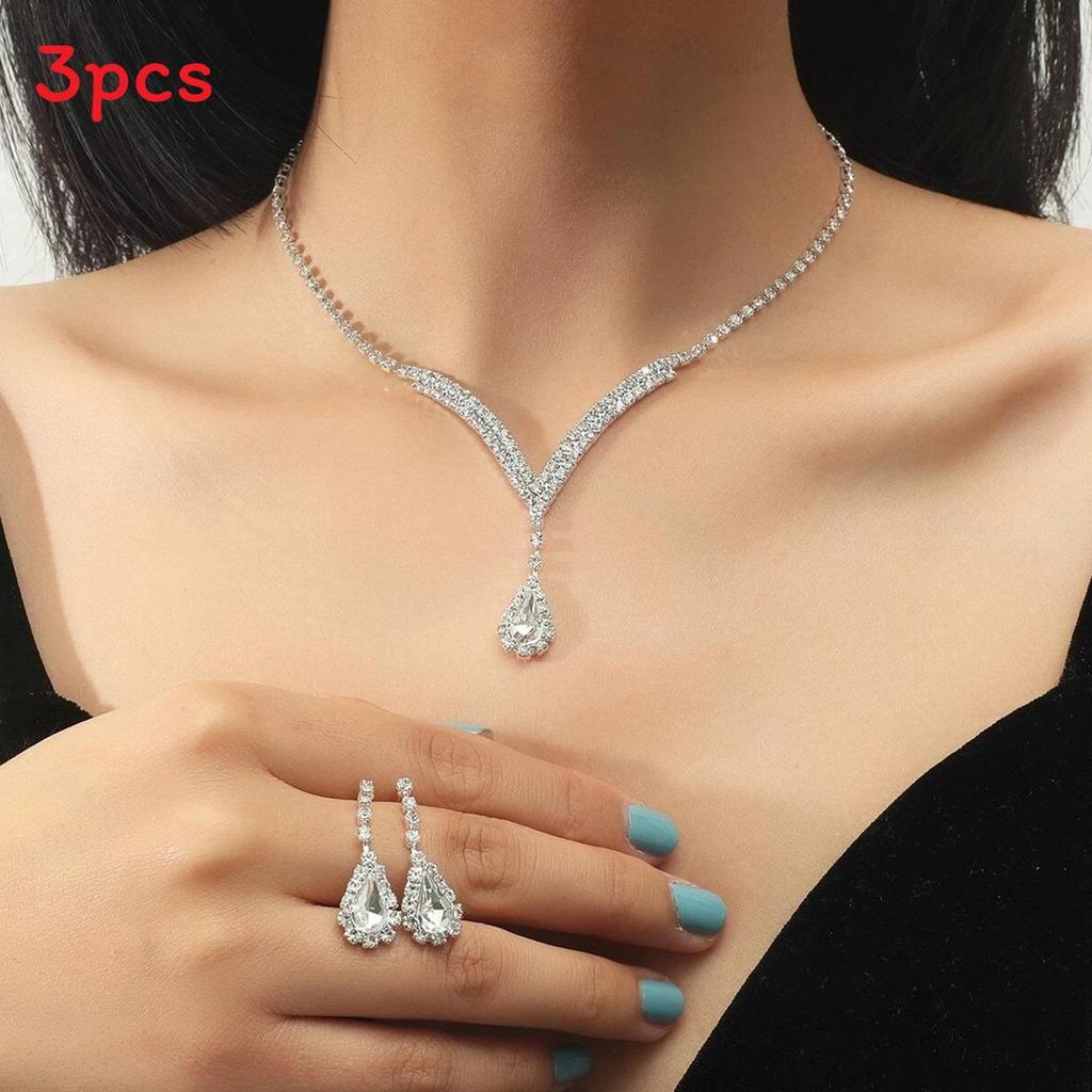 Water Drop Pendant Necklace And Earrings Set With Rhinestones For Elegant Bridal And Formal Wear