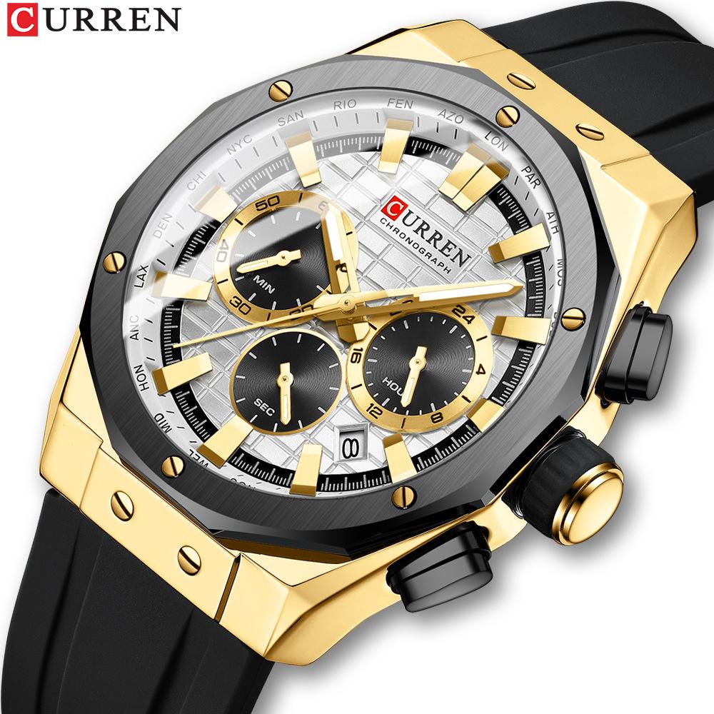 CURREN 8464 Men's Quartz Watch Calendar Fashion Multifunctional Waterproof Silicone Luminous Casual Business Watches Sports Male Wristwatch
