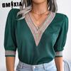 Women's Fashion Solid Color Print Casual Summer 1/2 Sleeves Slim V-Neck Blouses & Temperament Lace Mid-sleeve Chiffon Shirt Shirts