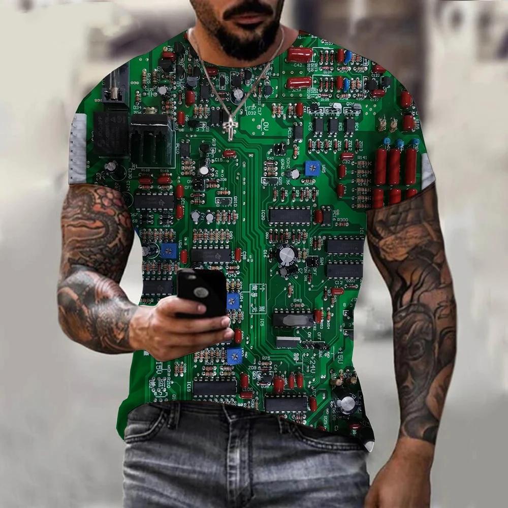 2024 Newest Circuit Board Pattern 3D Print Summer Men's T-shirt Creative Casual Electronic Chip Short Sleeve Harajuku Street Top