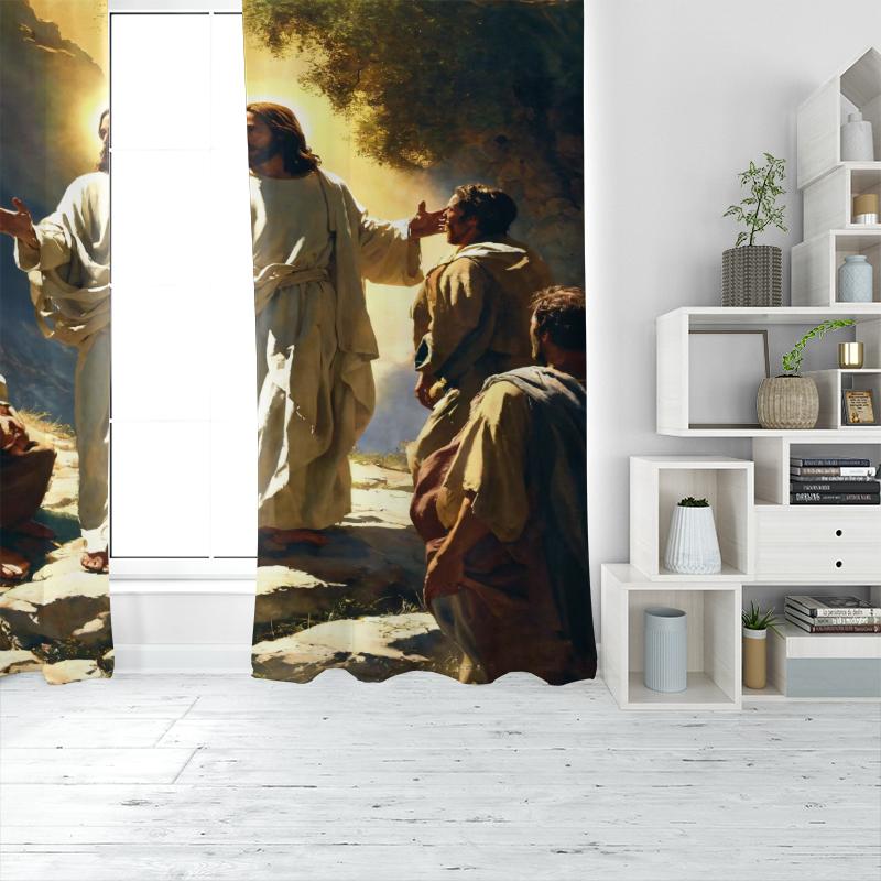 Jesus Painting Printed Curtain, Polyester Semi-transparent 2pcs Curtain -, Suitable for Living Room Decoration, Home Decoration