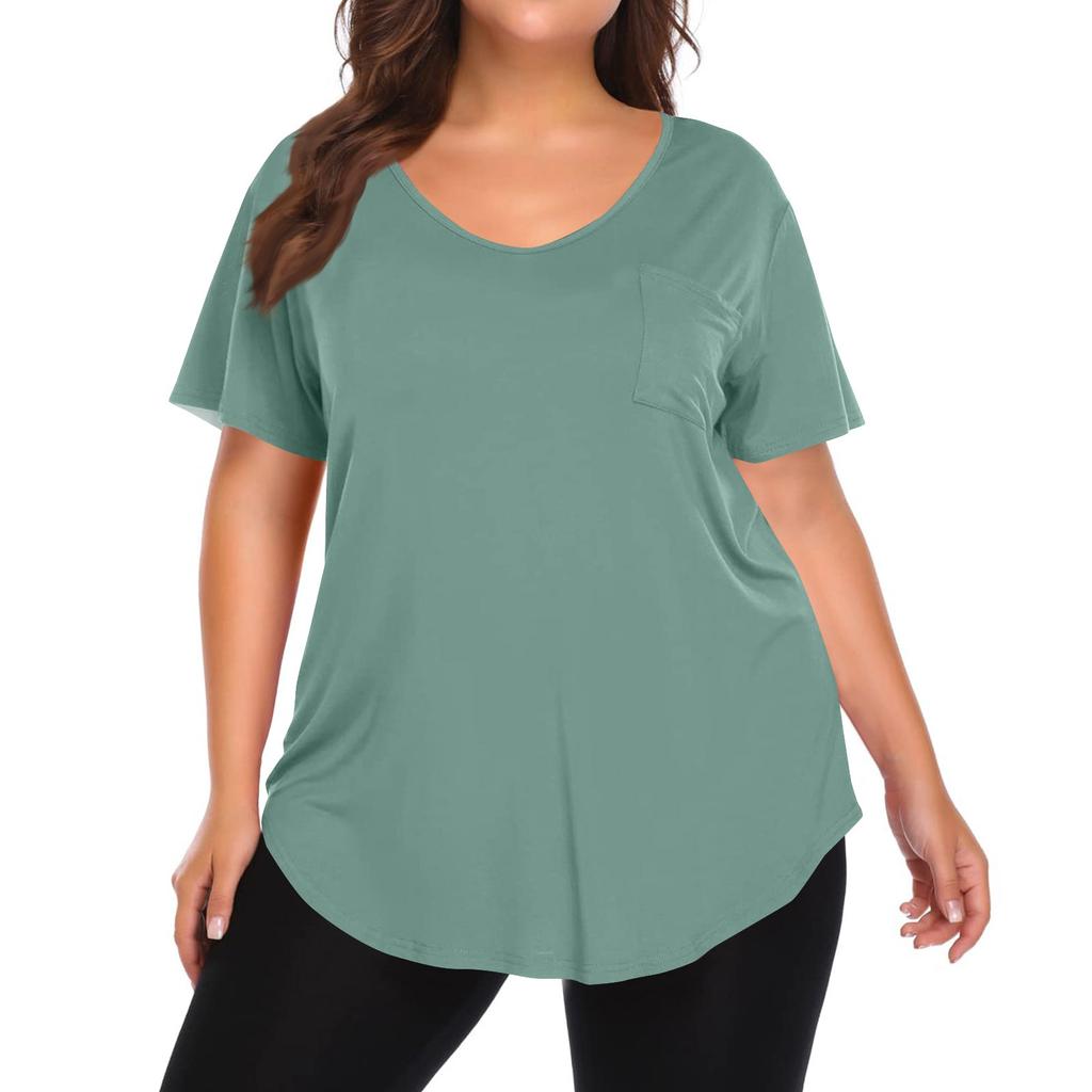 Women's Solid Color Large Size V-neck Top Loose Pocket T-shirt