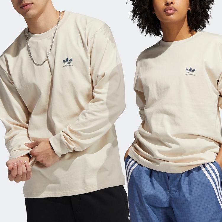 adidas Однотонная футболка с логотипом, круглым вырезом и длинным рукавом для мужчин, топ, бежевый GL9985