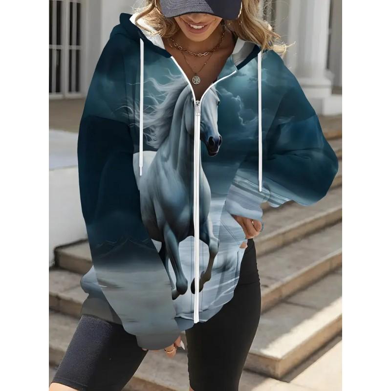 Womens Winter Zip-Up Hooded Sweatshirt With Animal Print Digital Casual Streetwear