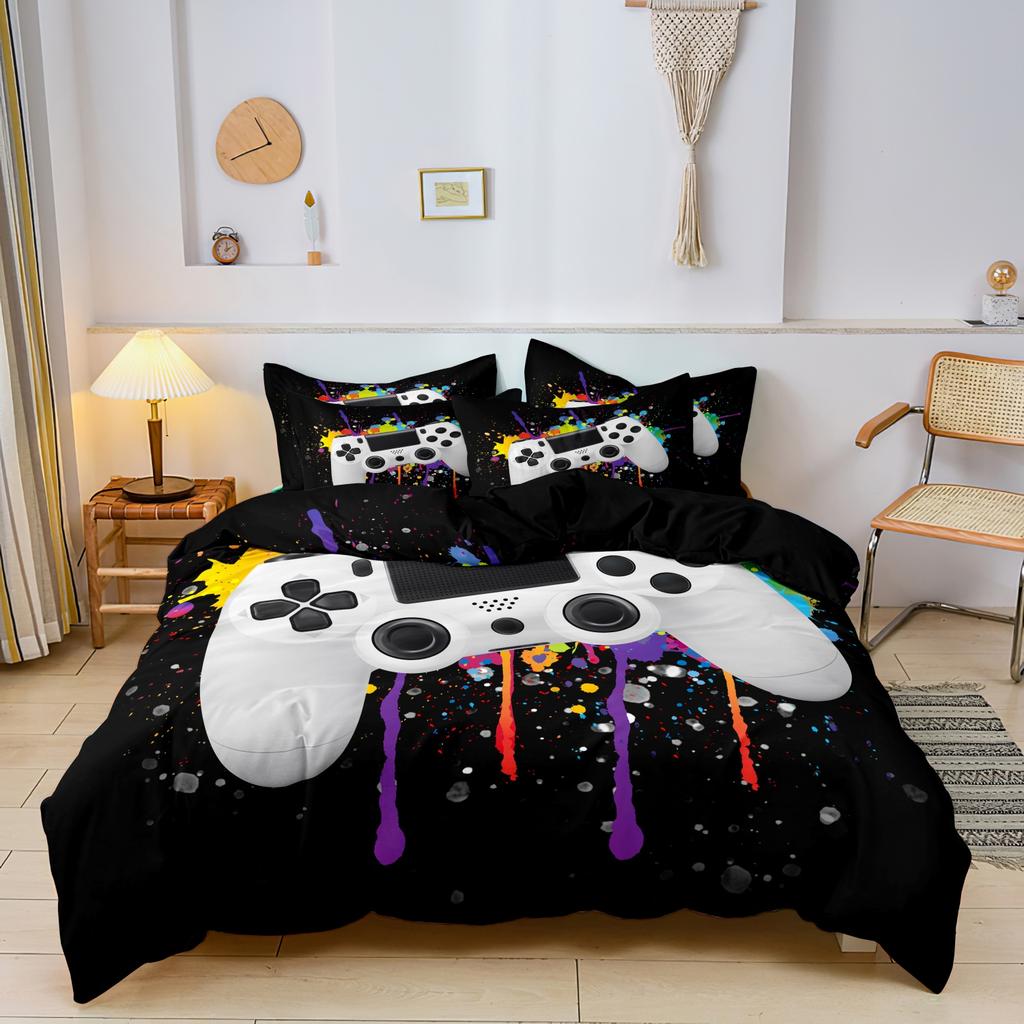 3pcs Video Game Controller Mouse Keyboard Headphone Pattern Duvet Cover Set - Modern Fashionable Cool Gamepad Print
