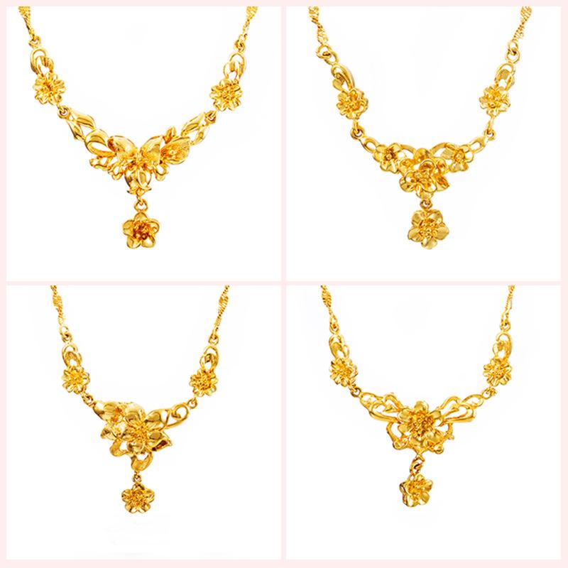 24k Gold Plated Women's Flower Necklace, Vietnamese Sand Gold Bridal Wedding Necklace, Brass Gold Plated Clavicle Necklace for Women
