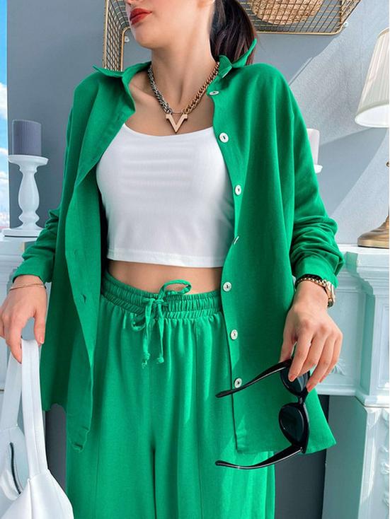 Весенний комплект-двойка 2024: Однотонная рубашка с лацканами и брюки-гаремы