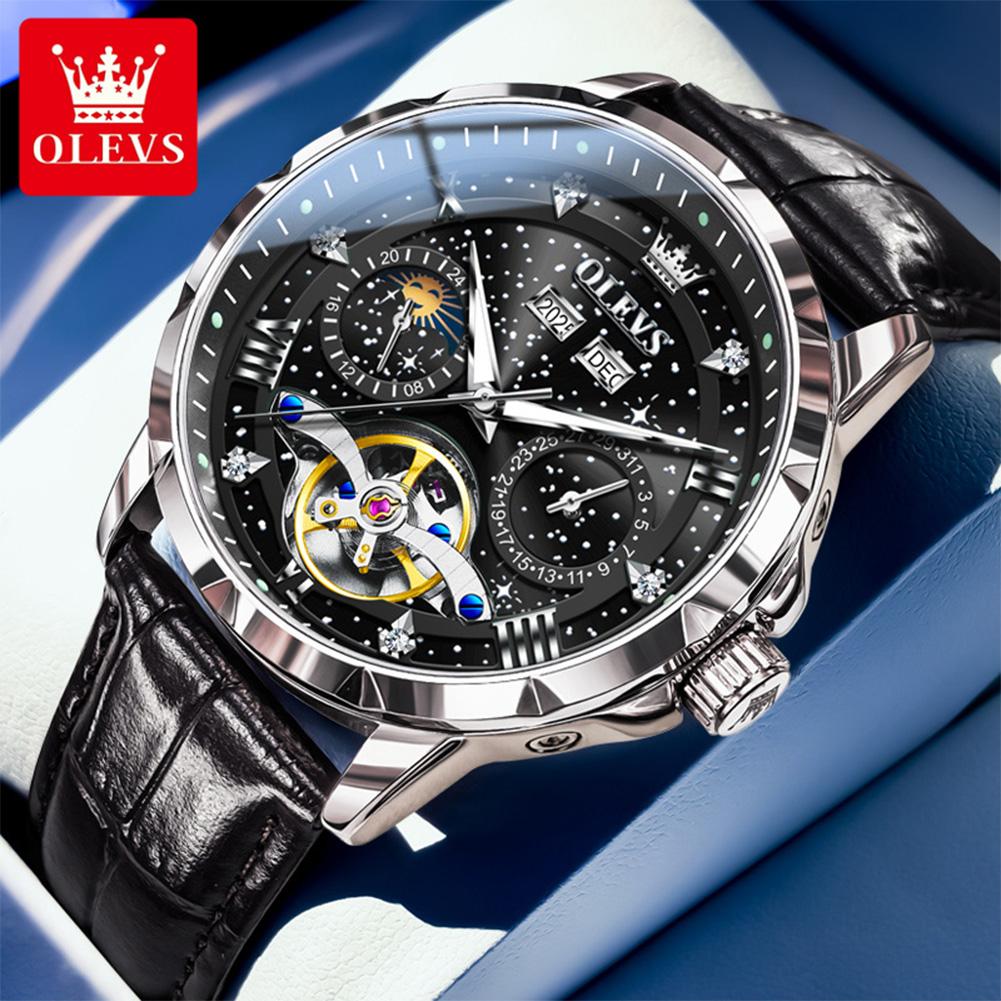 OLEVS 6690 Men's Watches Fashion Business Date Moon Phase Mechanical Men Watches Luxury Hollow Original Waterproof Watch for Men