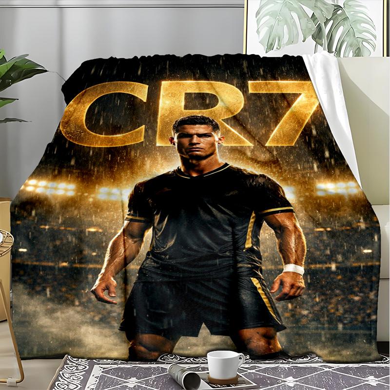 CR7 Golden Logo Football Star Flannel Blanket, Cozy Warm Throw Blanket for Home Decor, Soccer Lover Gift