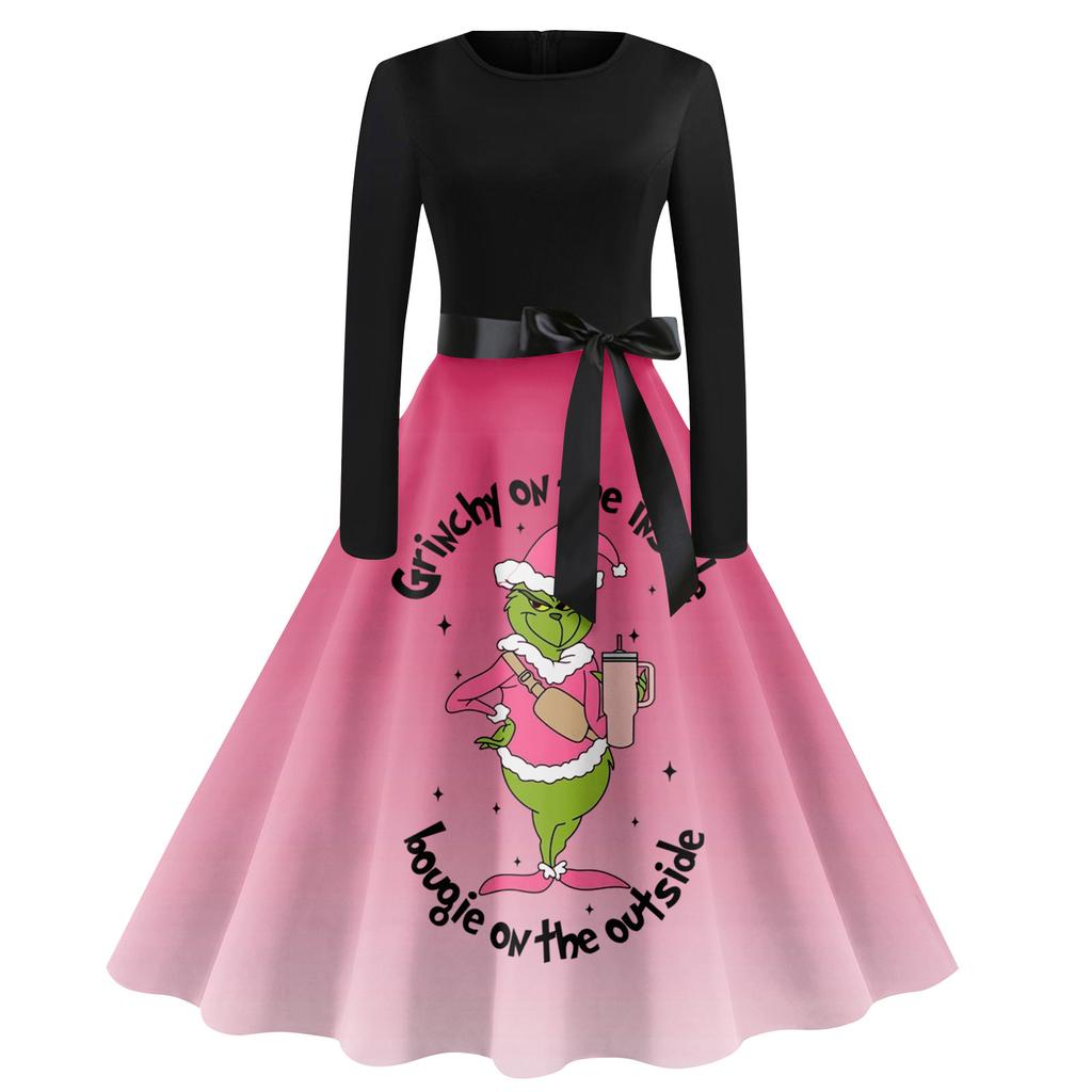 Женское винтажное классическое платье с воротником на талии и галстуком-бабочкой с длинными рукавами и рождественским принтом, с круглым вырезом, свободное платье