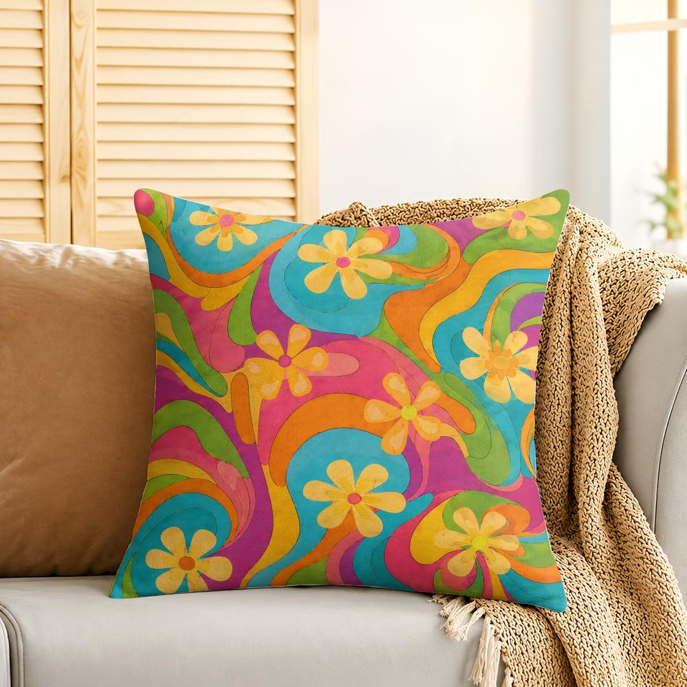 Groovy Retro Flowers Cushion Cover Silky Short Plush Invisible Zipper Dustproof Sofa Pillow Case For Home Decor