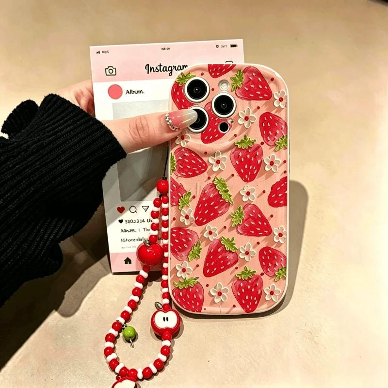 Чехол для RENO 14 15 PRO 15F 14F13F 12F 11f 11 10 12 13 OPPO A6X A2 A3 A5 A6 Pro A3X A18 A17 Милый Клубничный Фруктовый Чехол с Цепочкой